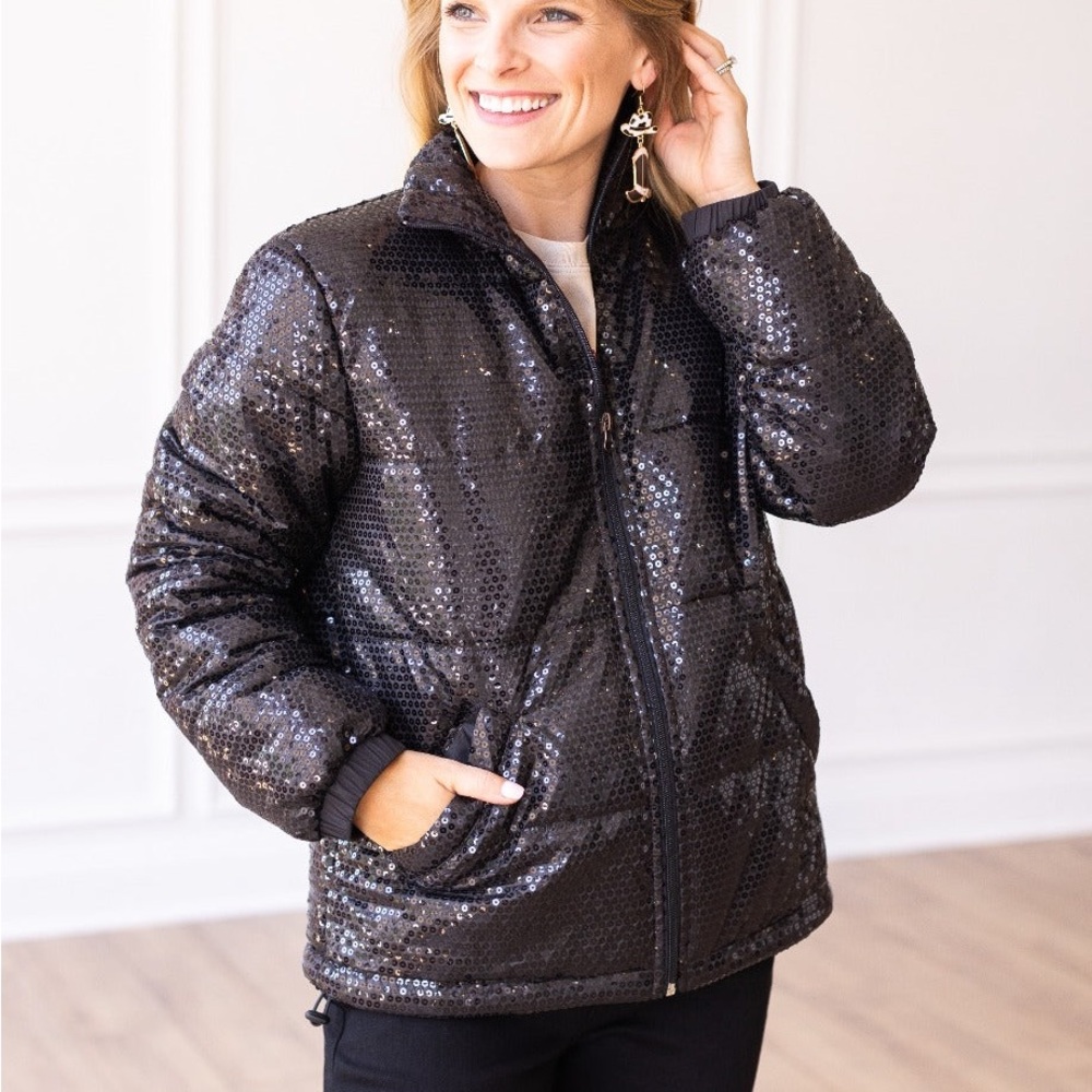 NEW - Bring The Sparkle Sequin Puffer Coat Boutique Jacket - Black Glitter